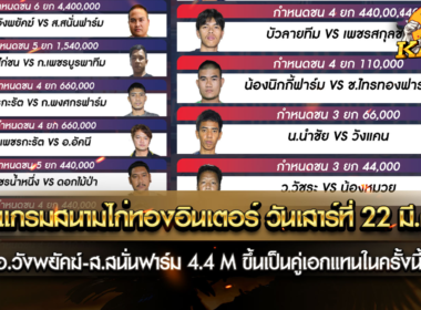 โปรแกรมสนามไก่ทองอินเตอร์ วันเสาร์ที่ 22 มีนาคม นี้