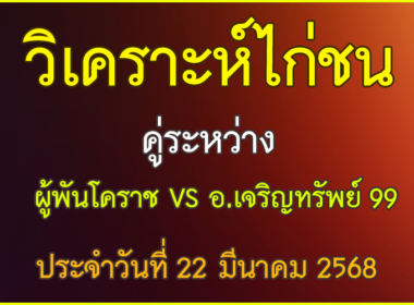วิเคราะห์ไก่ชน คู่ระหว่าง ผู้พันโคราช VS อ.เจริญทรัพย์99 ประจำวันที่  22 มีนาคม 2568