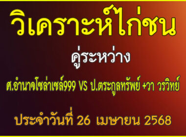 วิเคราะห์ไก่ชน คู่ระหว่าง ศ.อำนาจโซล่าเซล999 VS ป.ตระกูลทรัพย์+วา วรวิทย์ ประจำวันที่ 26 เมษายน 2568