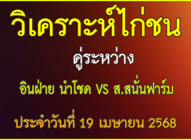 วิเคราะห์ไก่ชน คู่ระหว่าง อินฝ่ายนำโชค VS ส.สนั่นฟาร์ม ประจำวันที่ 19 เมษายน 2568