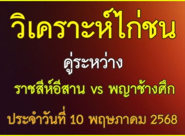 วิเคราะห์ไก่ชน คู่ระหว่าง ราชสีห์อีสาน สังกัด เหล่าโชคเจริญราชสีห์ vs พญาช้างศึก ประจำวันที่ วันเสาร์ที่ 10 พฤษภาคม 2568