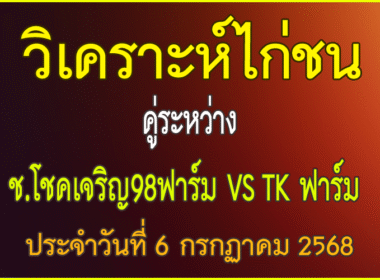 วิเคราะห์ไก่ชน คู่ระหว่าง ช.โชคเจริญ98ฟาร์ม  VS TK ฟาร์ม   ประจำวันที่ 5 กรกกาคม 2568