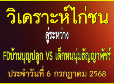 วิเคราะห์ไก่ชน คู่ระหว่าง FDบ้านบุญปลูก  VS เด็กหนนุ่มธัญญาพัชร์ระยอง ประจำวันที่ 6 กรกกาคม 2568