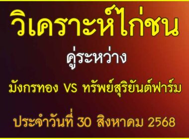 วิเคราะห์ไก่ชน คู่ระหว่าง มังกรทอง VS ทรัพย์สุริยันต์ฟาร์ม ประจำวันที่ 30 สิงหาคม 2568