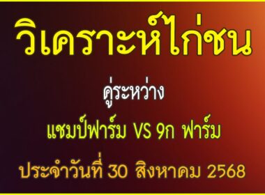 วิเคราะห์ไก่ชน คู่ระหว่าง แชมป์ฟาร์ม VS 9 ก ฟาร์ม ประจำวันที่ 30 สิงหาคม 2568