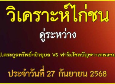 วิเคราะห์ไก่ชน คู่ระหว่าง ป.ตระกูลทรัพย์+มิวอุบล VS ฟาร์มปลาโชคบัญชา+เทพแซม ประจำวันที่ 27 กันยายน 2568