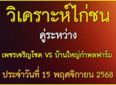 วิเคราะห์ไก่ชน คู่ระหว่าง เพชรเจริญโชค VS บ้านใหญ่กำพลฟาร์ม ประจำวันที่ 15 พฤศจิกายน 2568